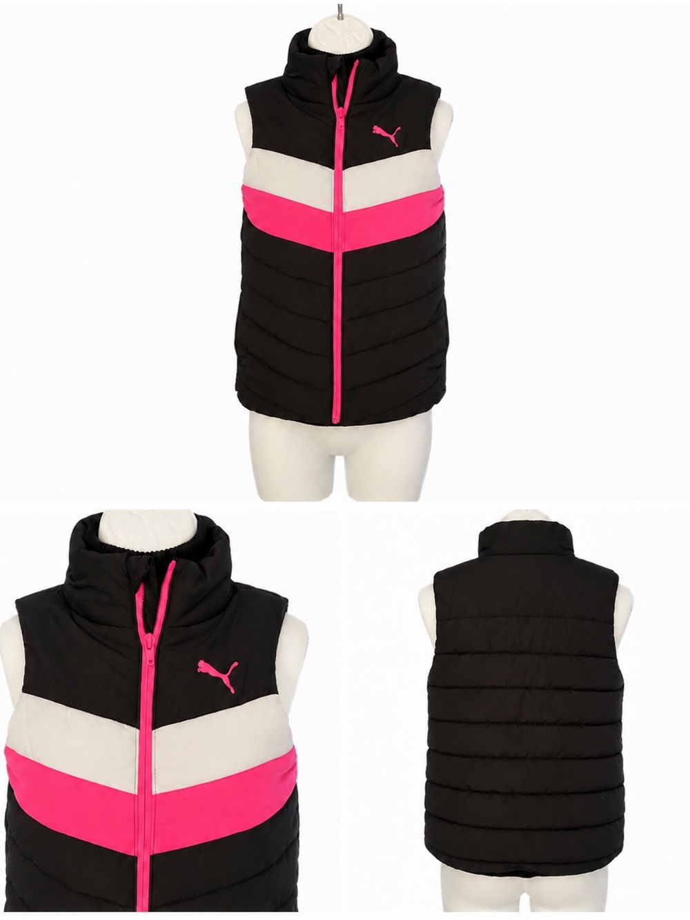 PUMA Black White Hot Pink Colorblock Puffer Vest